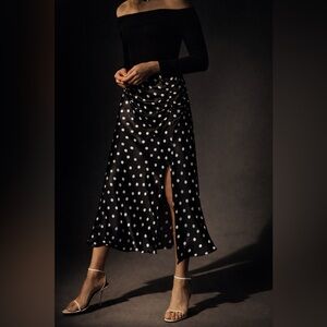 Maeve Anthropologie Ruched Polka Dot Satin Midi Skirt